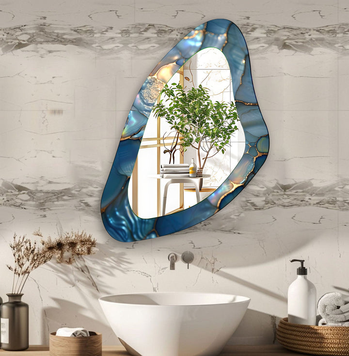 Blue Marbled Irregular Glass Wall Mirror