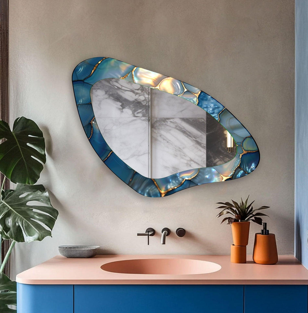 Blue Marbled Irregular Glass Wall Mirror