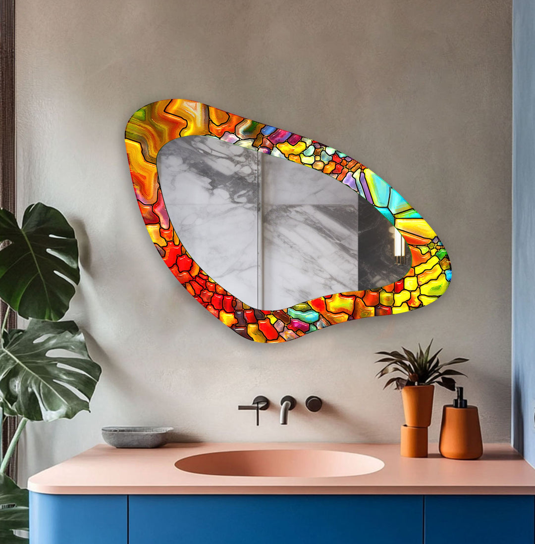 Orange Stained Asymmetrical Wall Mirror