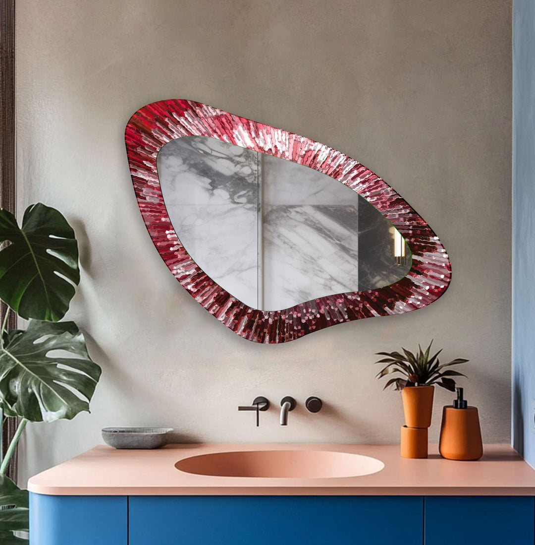 Red Asymmetrical Large Glass Wall Mirror