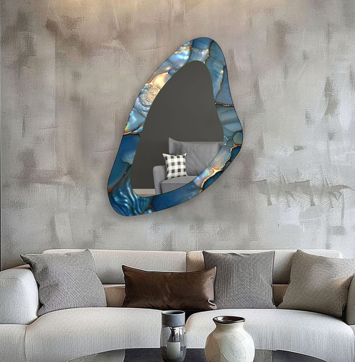 Blue Marbled Irregular Glass Wall Mirror