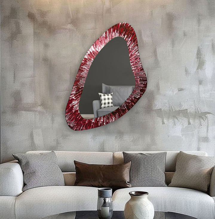 Red Asymmetrical Large Glass Wall Mirror