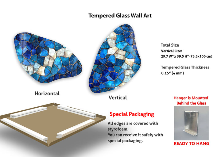 Aesthetic Blue Mosaic Asymmetrical Glass Wall Art, glass pictures for Wall, glass prints wall art
