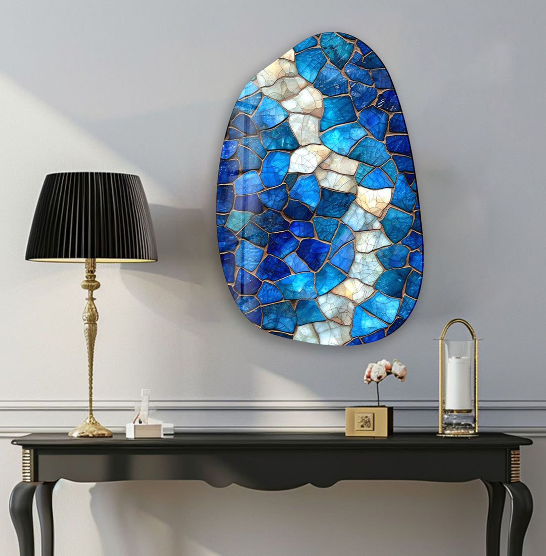 Decorative Blue Mosaic Aesthetic Glass Wall Art, large glass photo prints, glass wall photos
