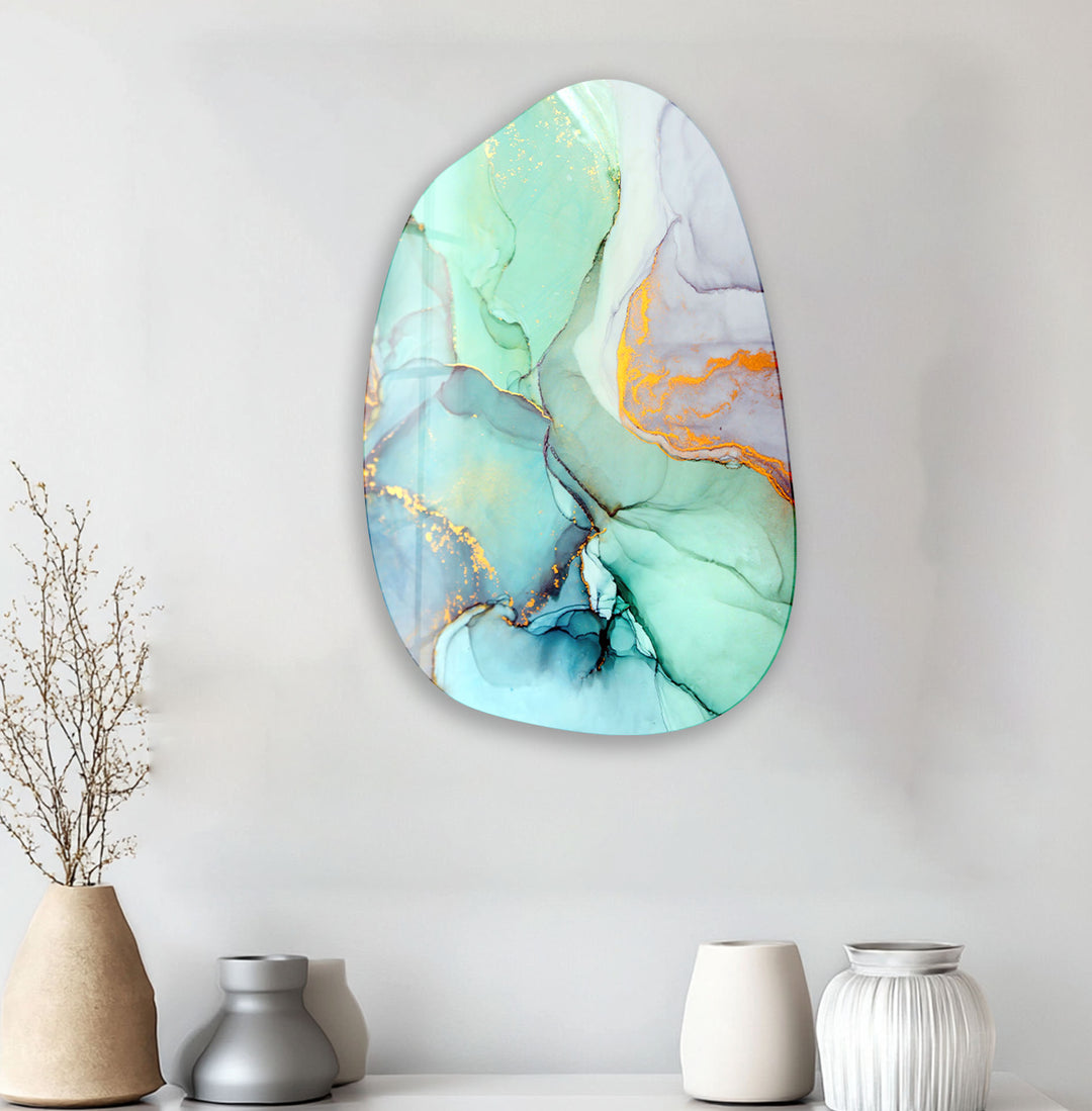 Turquoise & Gold Alcohol Ink Irregular Glass Wall Art, Glass Printing Wall Art, Print photos on glass
