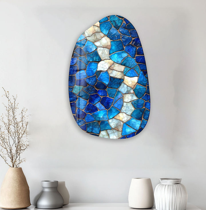 Decorative Blue Mosaic Aesthetic Glass Wall Art, photo print on glass, prints on glass wall art
