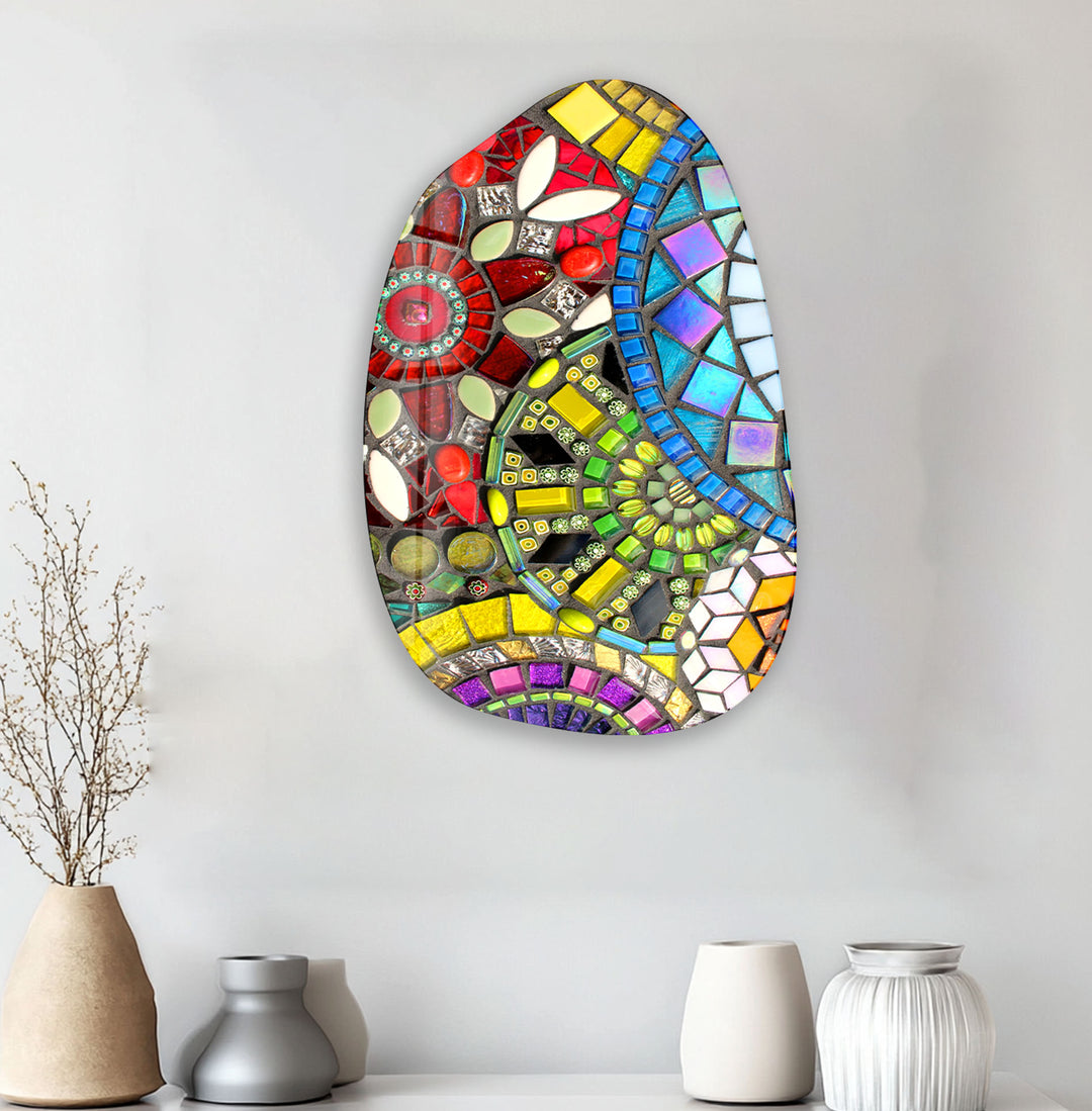 Decorative Yellow Mosaic Irregular Glass Wall Art, print on glass, glass printed photos

