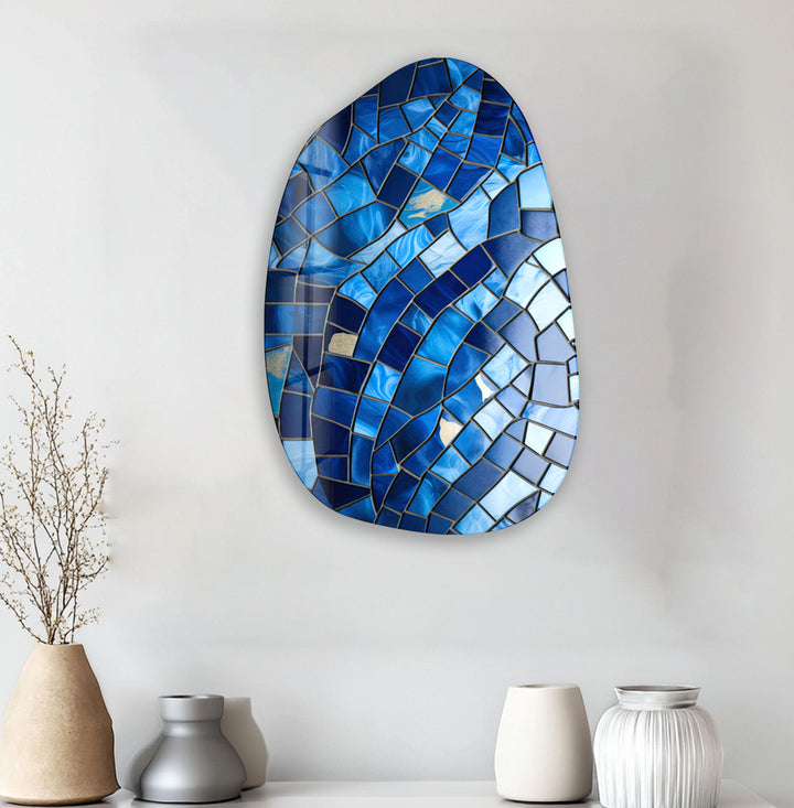 Blue Ceramic Tiles Irregular Glass Wall Art, print picture on glass, Tempered Glass Wall Art

