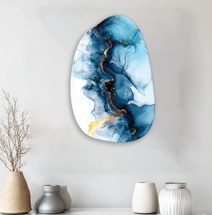 Abstract Blue Ink Aesthetic Glass Wall Art, print picture on glass, Tempered Glass Wall Art

