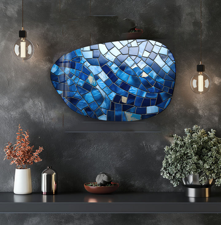 Blue Ceramic Tiles Irregular Glass Wall Art, Glass Printing Wall Art, Print photos on glass
