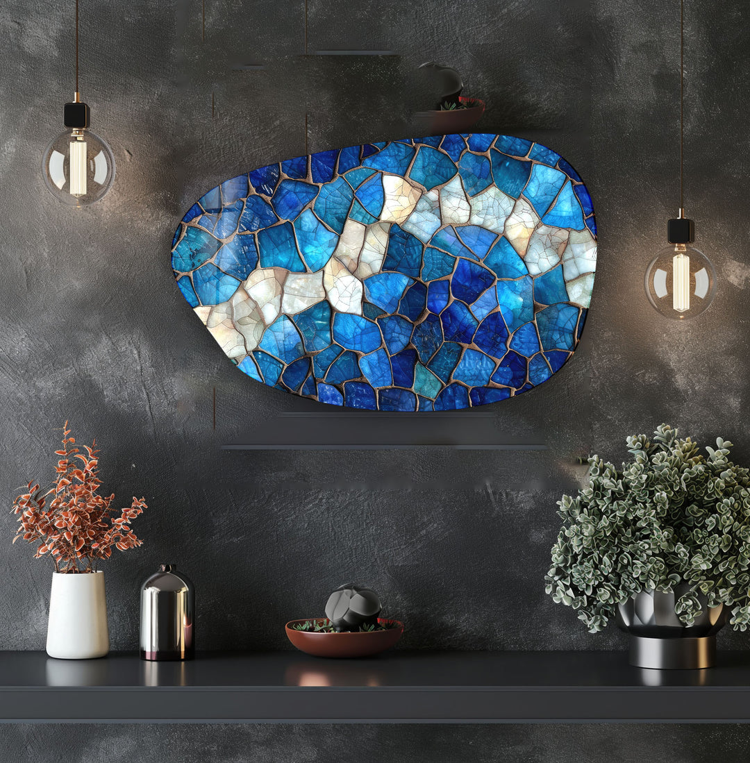 Decorative Blue Mosaic Aesthetic Glass Wall Art, custom glass photo prints, large glass prints
