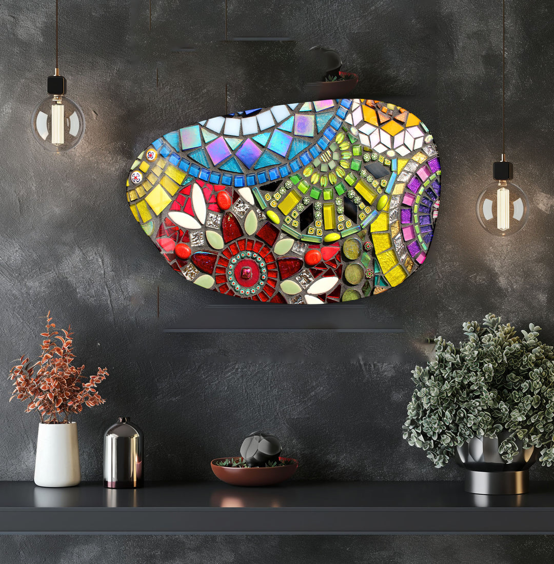 Decorative Yellow Mosaic Irregular Glass Wall Art, glass image printing, glass prints from photos
