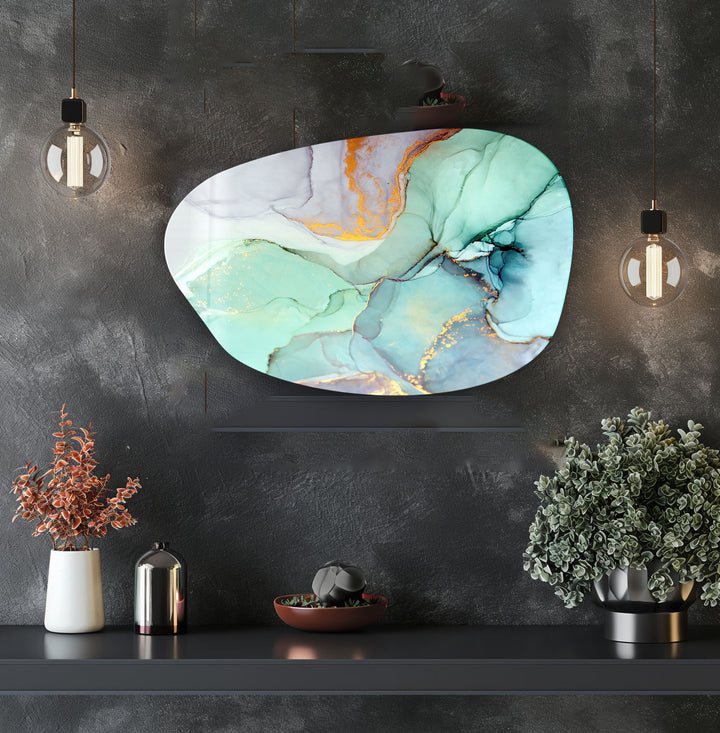 Turquoise & Gold Alcohol Ink Irregular Glass Wall Art, glass art painting, glass art for the Wall
