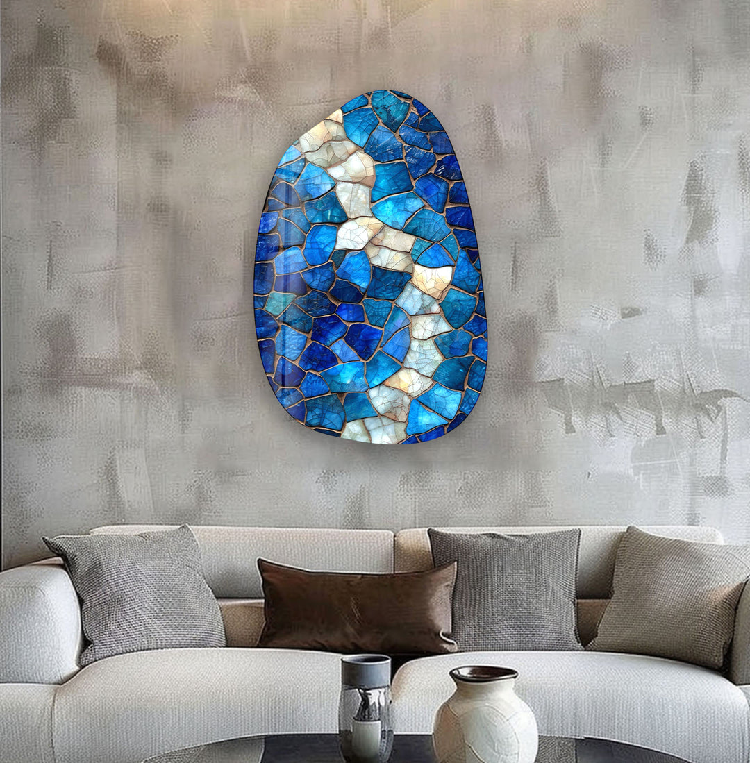 Decorative Blue Mosaic Aesthetic Glass Wall Art, glass pictures for Wall, glass prints wall art
