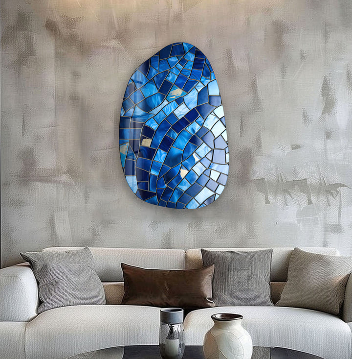 Blue Ceramic Tiles Irregular Glass Wall Art, glass art painting, glass art for the Wall
