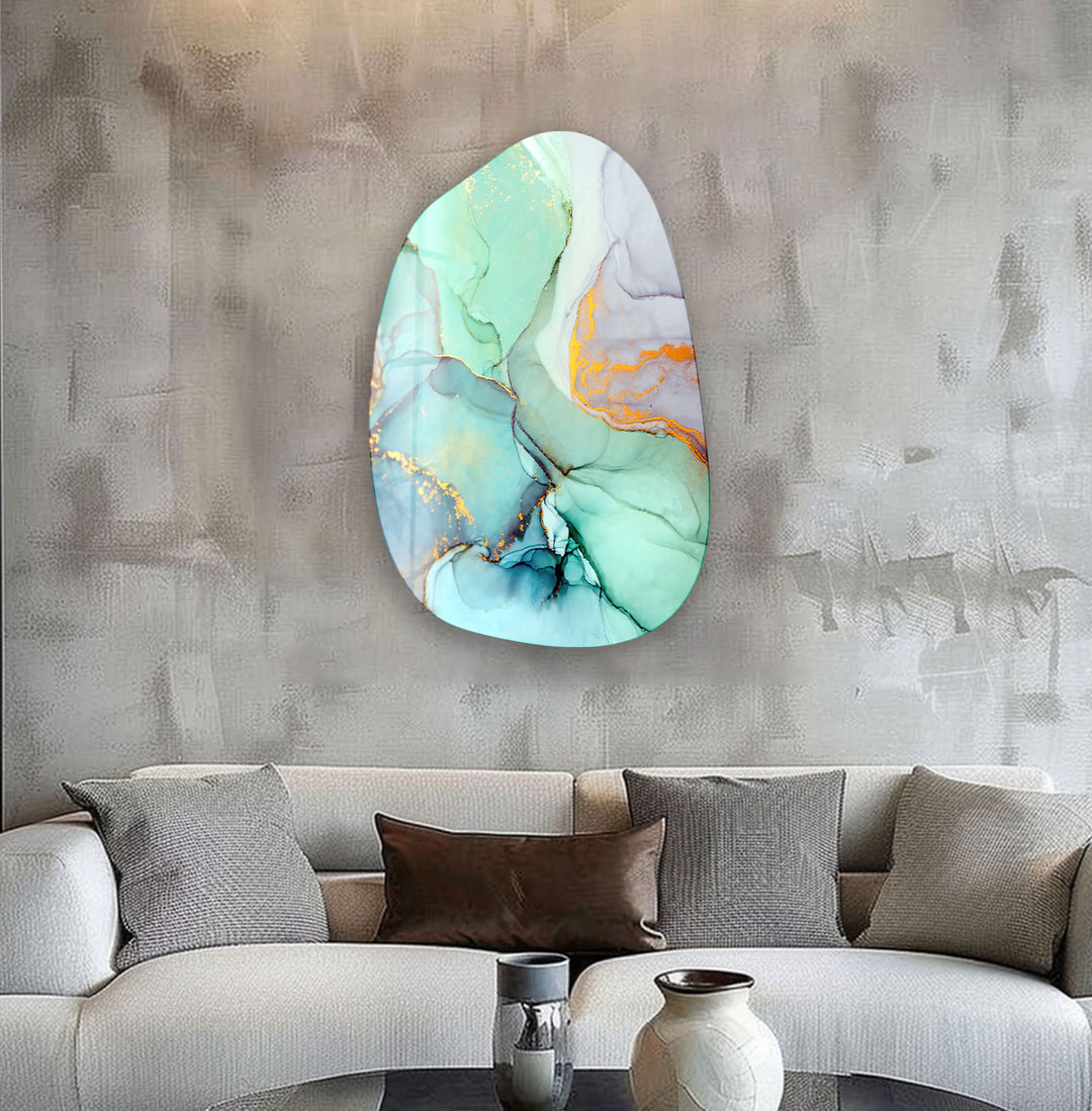 Turquoise & Gold Alcohol Ink Irregular Glass Wall Art, glass image printing, glass prints from photos
