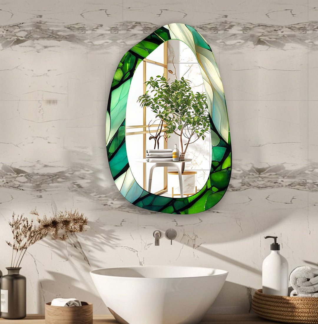 Green Accent Bathroom Glass Wall Mirror