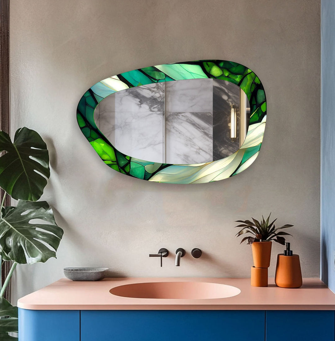 Green Accent Bathroom Glass Wall Mirror