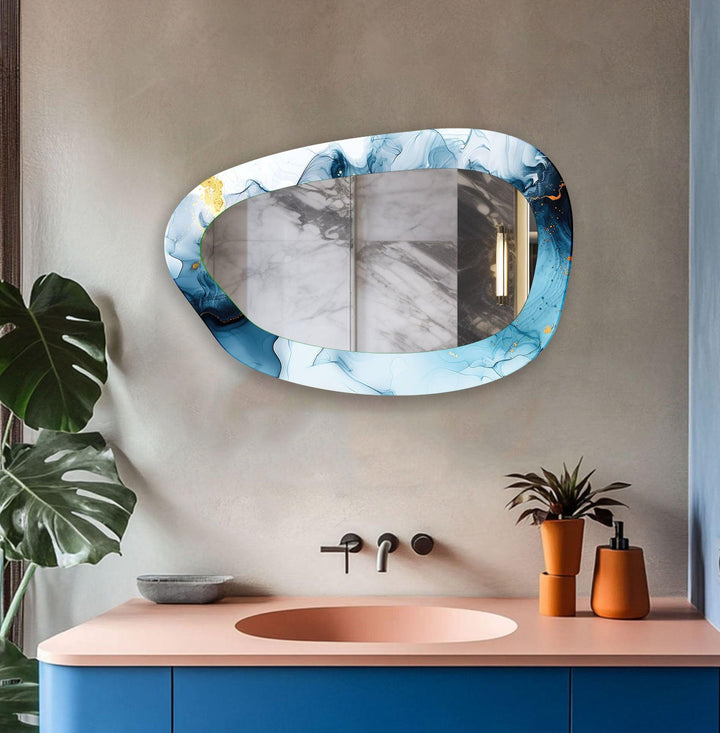 Blue Watercolor Irregular Glass Wall Mirror