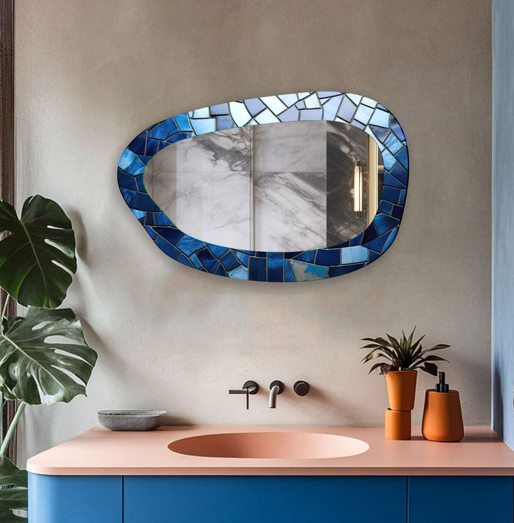 Modern Blue Mosaic Bathroom Wall Mirror