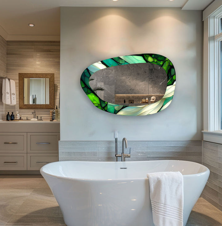 Green Accent Bathroom Glass Wall Mirror