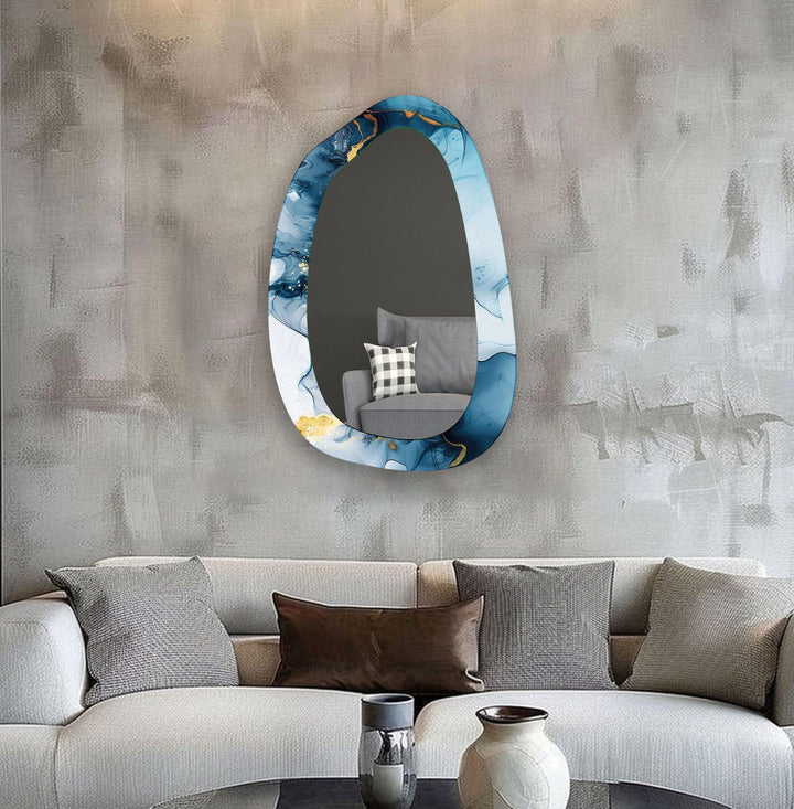 Blue Watercolor Irregular Glass Wall Mirror