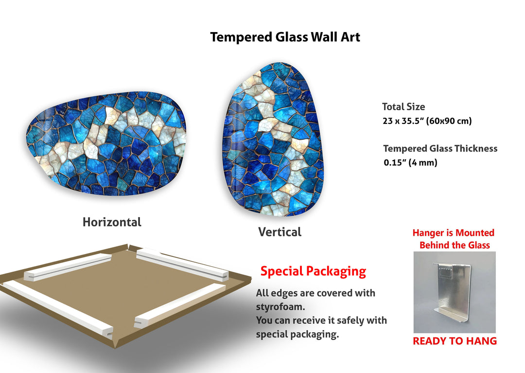 Decorative Blue Mosaic Aesthetic Glass Wall Art, glass photo prints, glass picture prints
