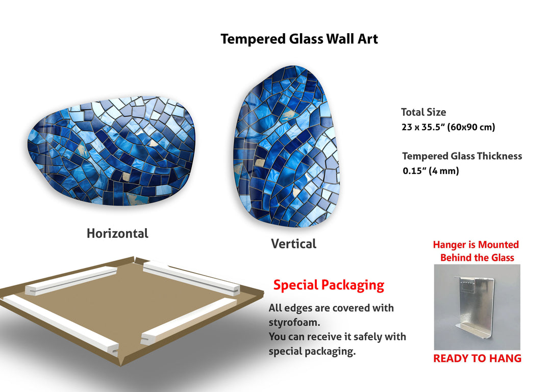 Blue Ceramic Tiles Irregular Glass Wall Art, glass pictures for Wall, glass prints wall art
