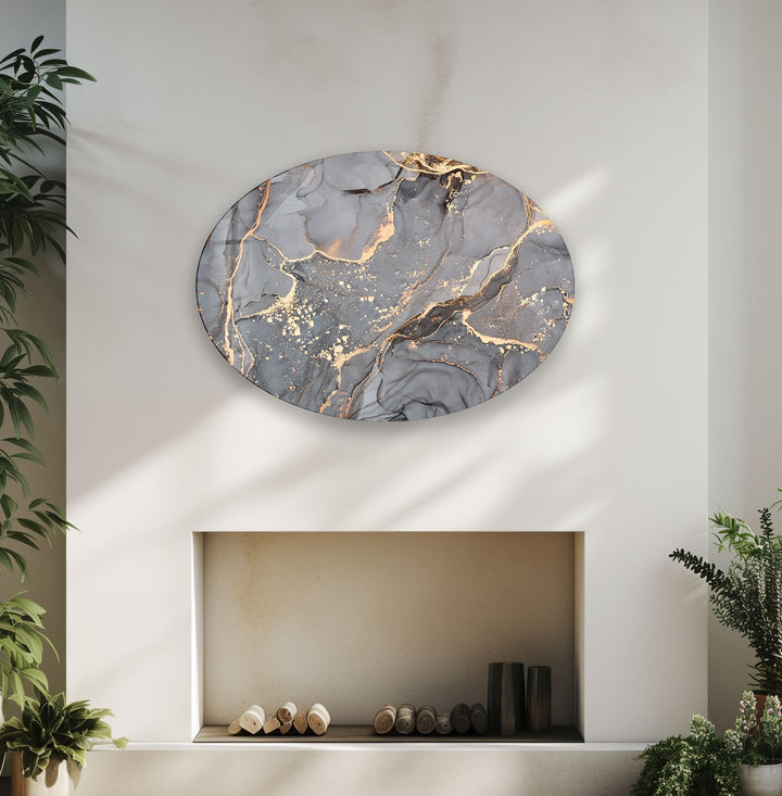 Asymmetric Oval Grey Marble Abstract Glass Wall Art photo print on glass, prints on glass wall art
