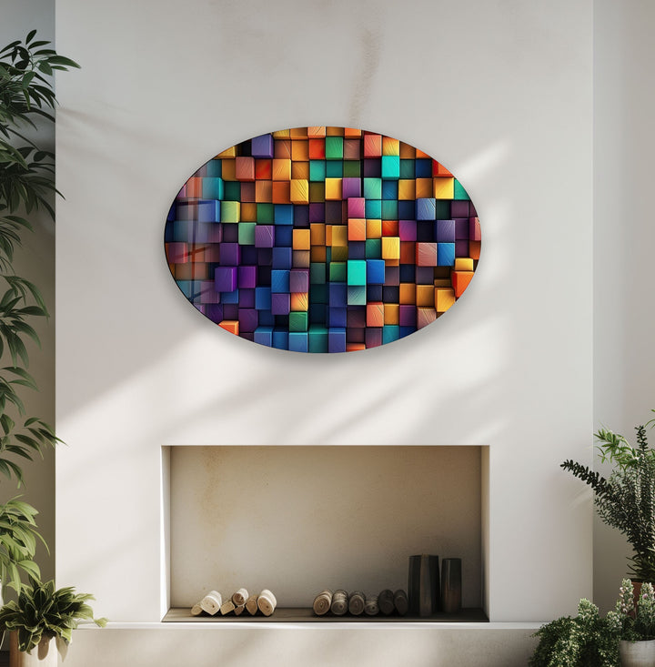 Asymmetric Oval Colored Cubes Glass Wall Art large glass photo prints, glass wall photos
