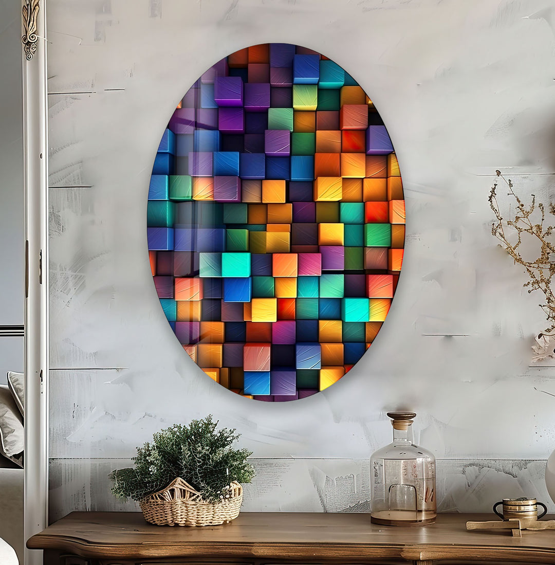 Asymmetric Oval Colored Cubes Glass Wall Art picture on glass wall art, photos printed on glass
