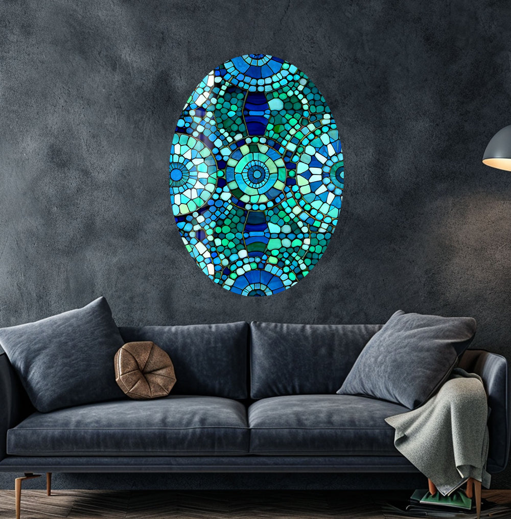 Asymmetric Oval Blue Mosaic Design Glass Wall Art large glass photo prints, glass wall photos
