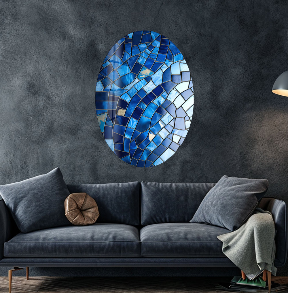 Asymmetric Oval Mosaic Blue Stones Glass Wall Art art glass wall art, glass wall art pictures
