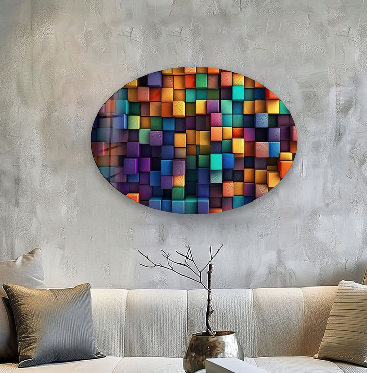 Asymmetric Oval Colored Cubes Glass Wall Art custom glass photo prints, large glass prints
