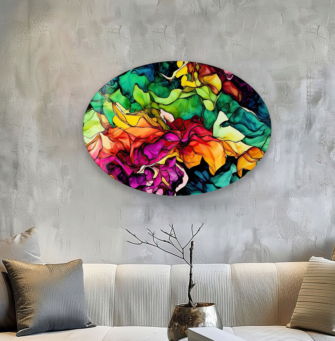 Asymmetric Oval Colored Flowers Glass Wall Art custom glass photo prints, large glass prints
