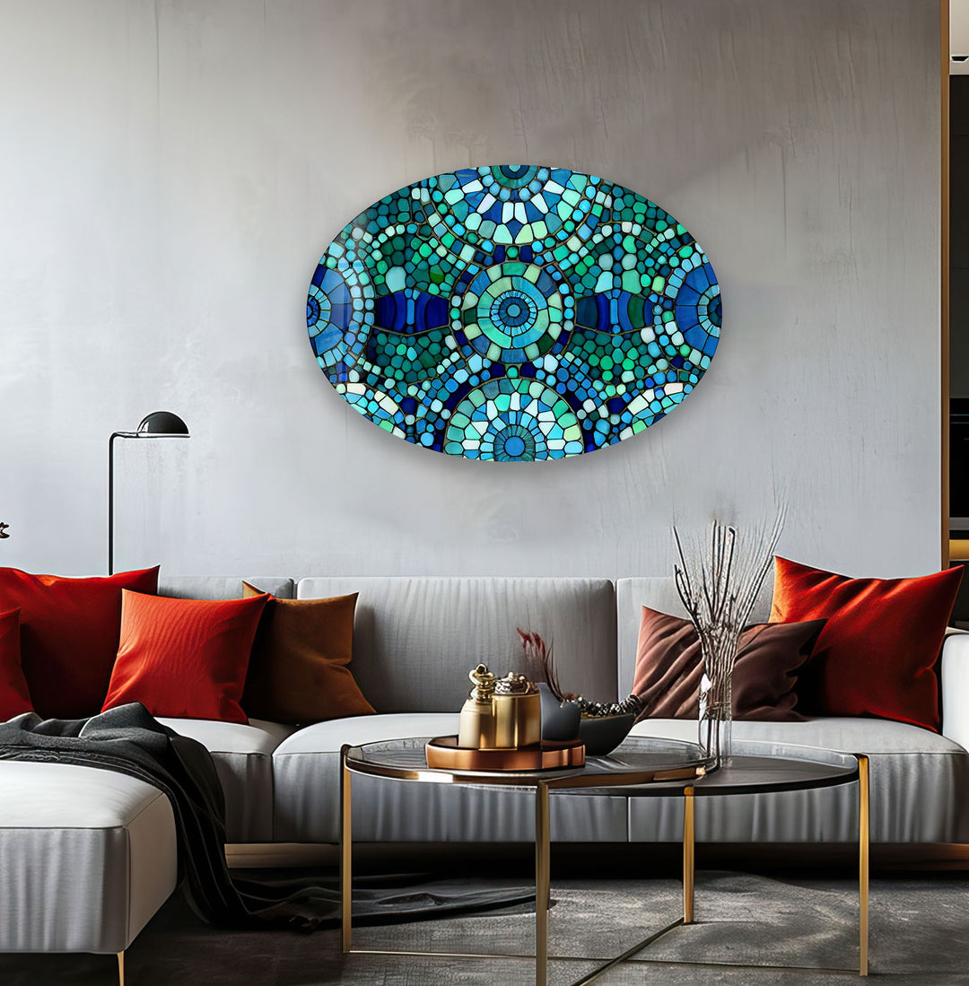 Asymmetric Oval Blue Mosaic Design Glass Wall Art photo print on glass, prints on glass wall art
