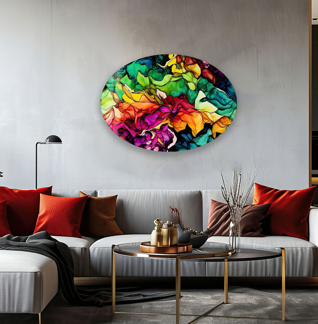 Asymmetric Oval Colored Flowers Glass Wall Art glass pictures for Wall, glass prints wall art
