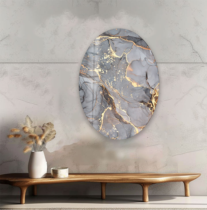 Asymmetric Oval Grey Marble Abstract Glass Wall Art large glass photo prints, glass wall photos
