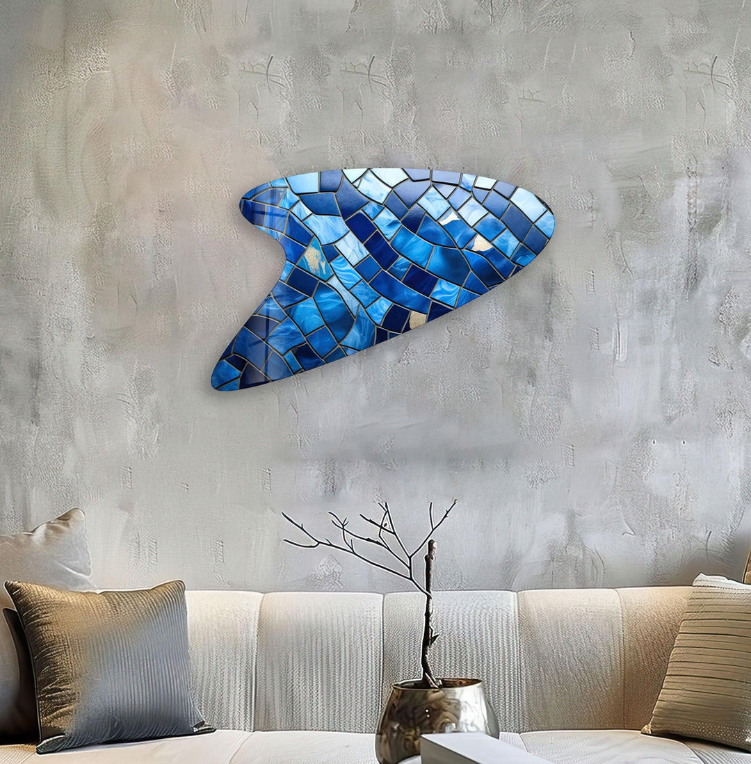 Blue Mosaic Tiles Irregular Glass Wall Art
, print picture on glass, Tempered Glass Wall Art
