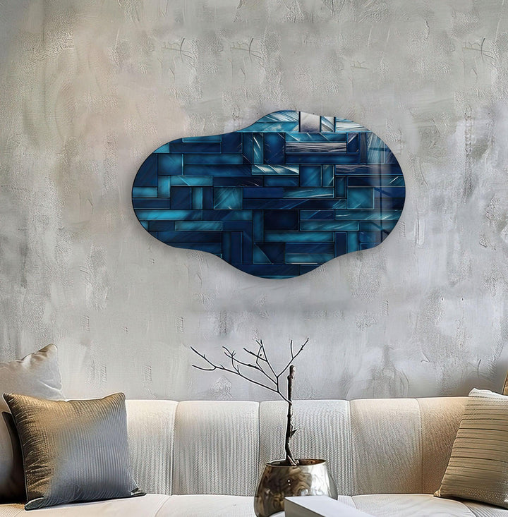 Dark Blue Tiles Glass Wall Art, glass art painting, glass art for the Wall
