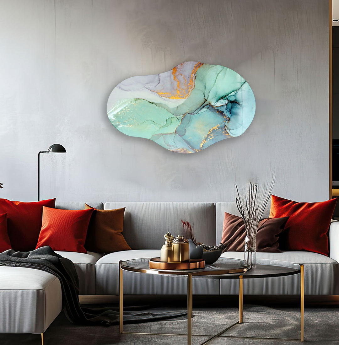 Irregular Oval Abstract Turquoise Glass Wall Art print picture on glass, Tempered Glass Wall Art
