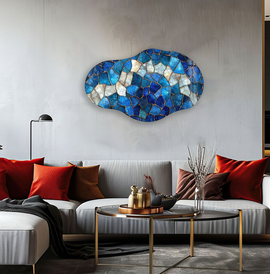 Irregular Oval Blue Stained Glass Wall Art print picture on glass, Tempered Glass Wall Art