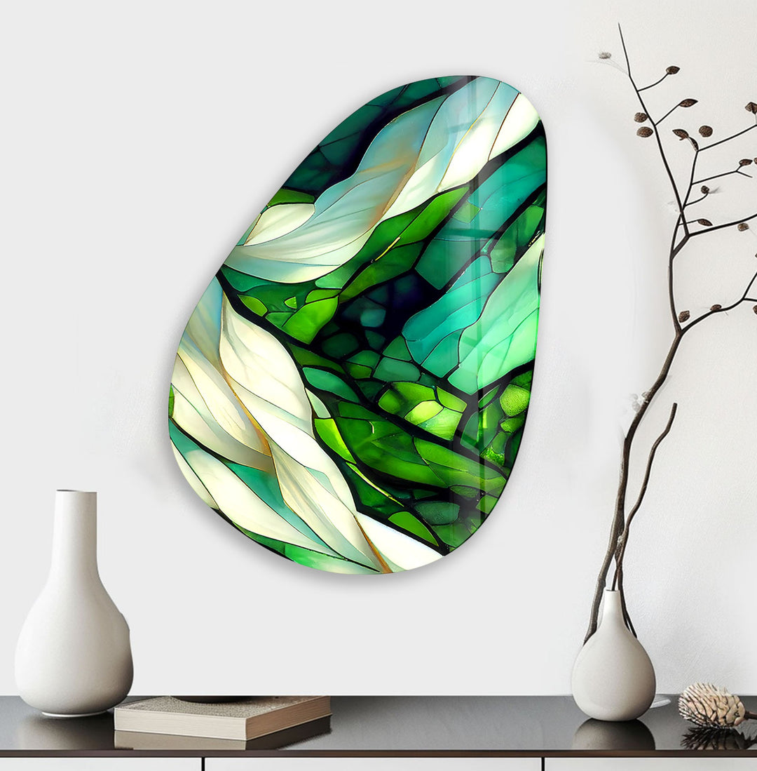 Asymmetrical Oval Green Fractal Glass Wall Art custom glass pictures, glass art prints
