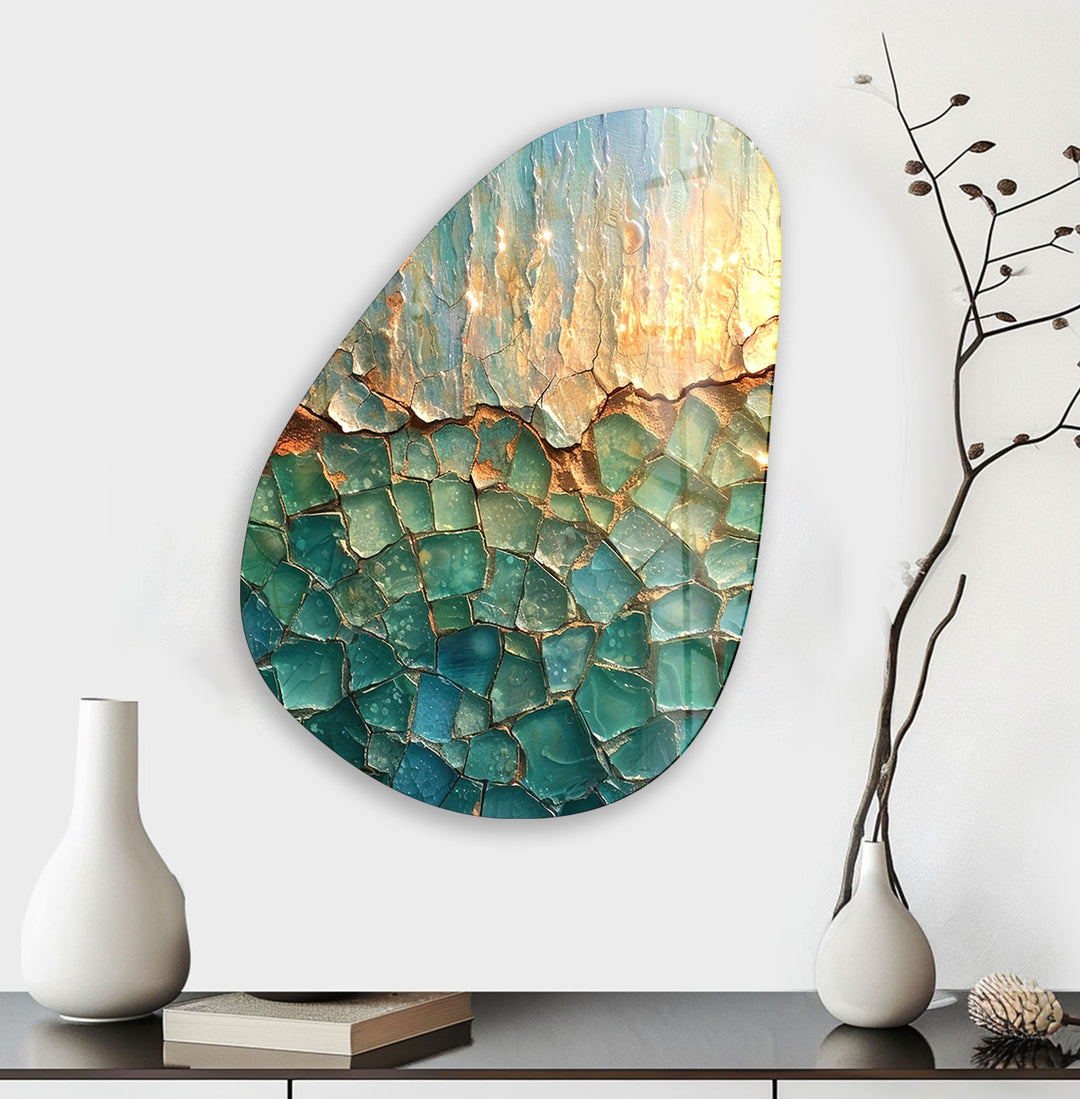 Asymmetrical Oval Green Cracked Glass Wall Art glass art painting, glass art for the Wall
