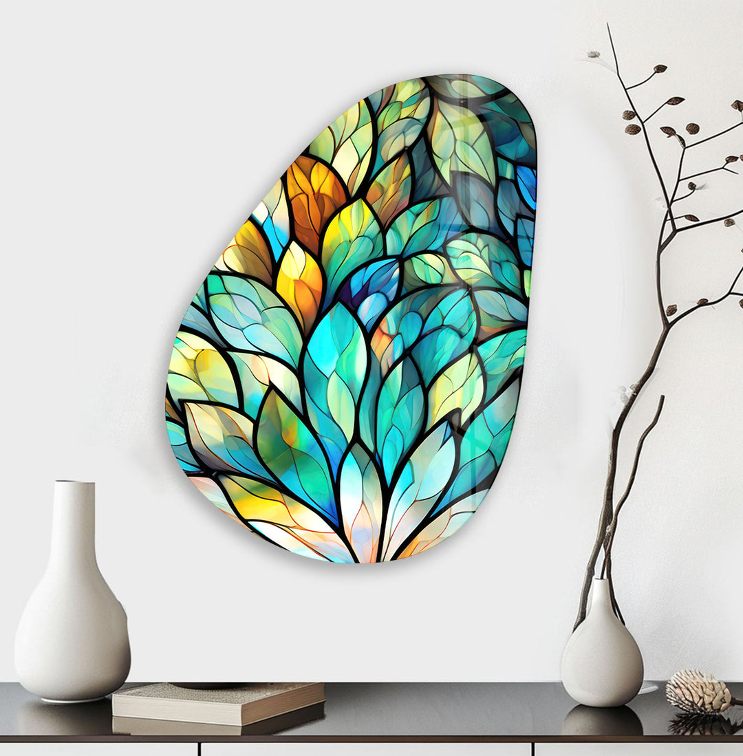 Stained Green Leaf Modern Glass Wall Art, glass pictures for Wall, glass prints wall art
