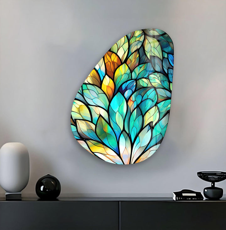 Stained Green Leaf Modern Glass Wall Art, stained glass wall art, stained glass wall decor
