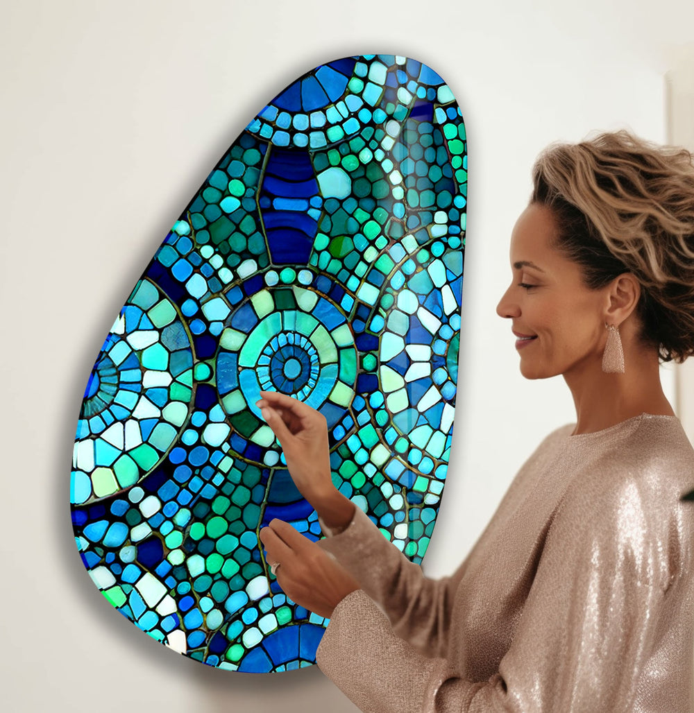 Asymmetrical Oval Blue Mosaic Design Glass Wall Art stained glass wall art, stained glass wall decor
