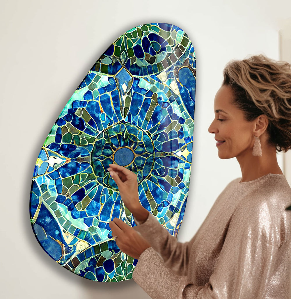 Asymmetrical Oval Blue Mosaic Design Glass Wall Art stained glass wall art, stained glass wall decor
