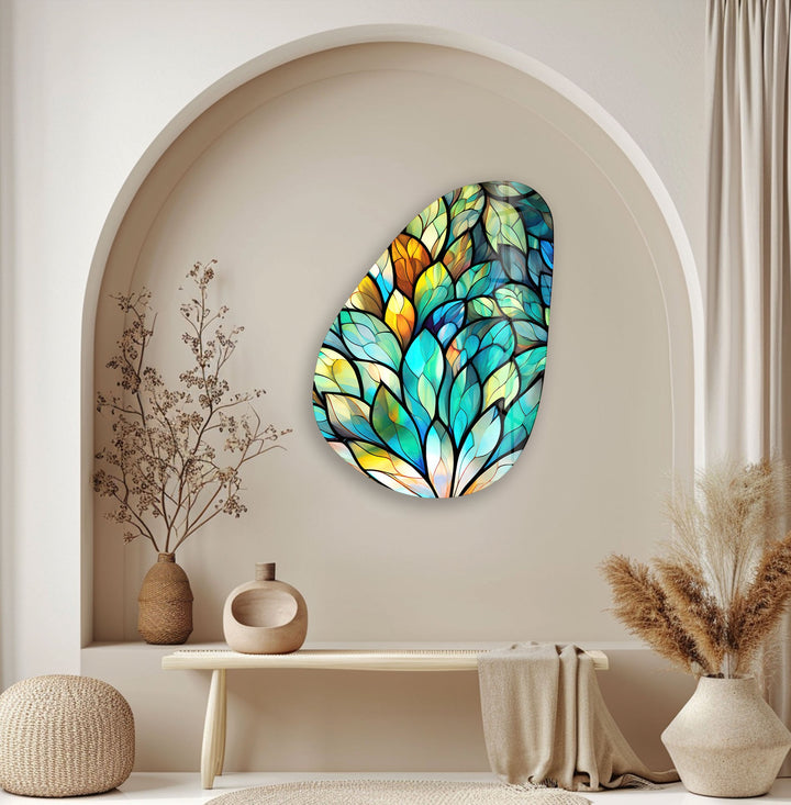 Stained Green Leaf Modern Glass Wall Art, print on glass, glass printed photos

