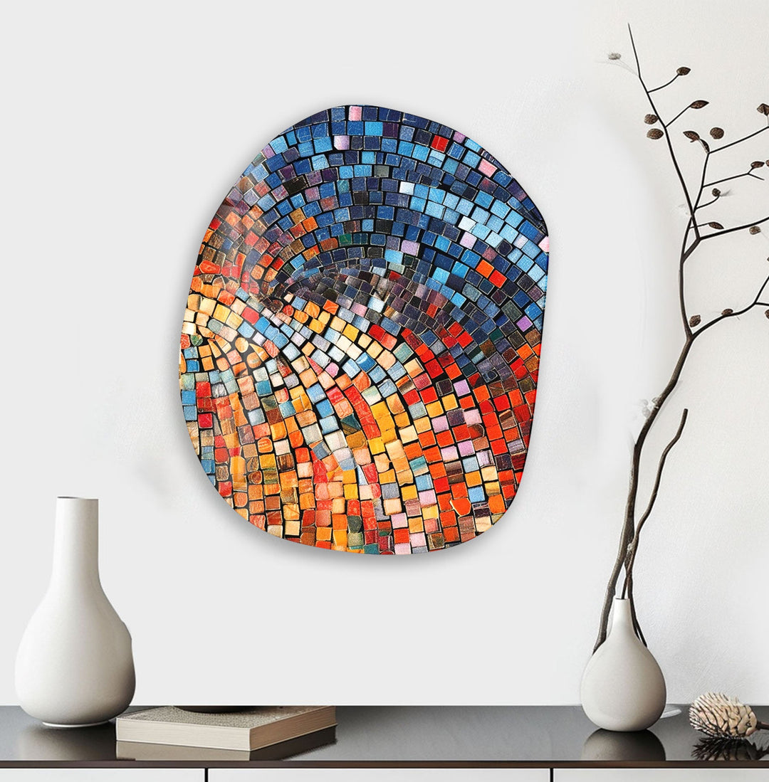 Decorative Blue Mosaic Print Glass Wall Art, print on glass, glass printed photos
